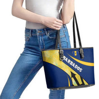 Barbados Flag Leather Tote Bag Blue and Yellow with Trident and Tropical Leaf Pattern - Wonder Print Shop