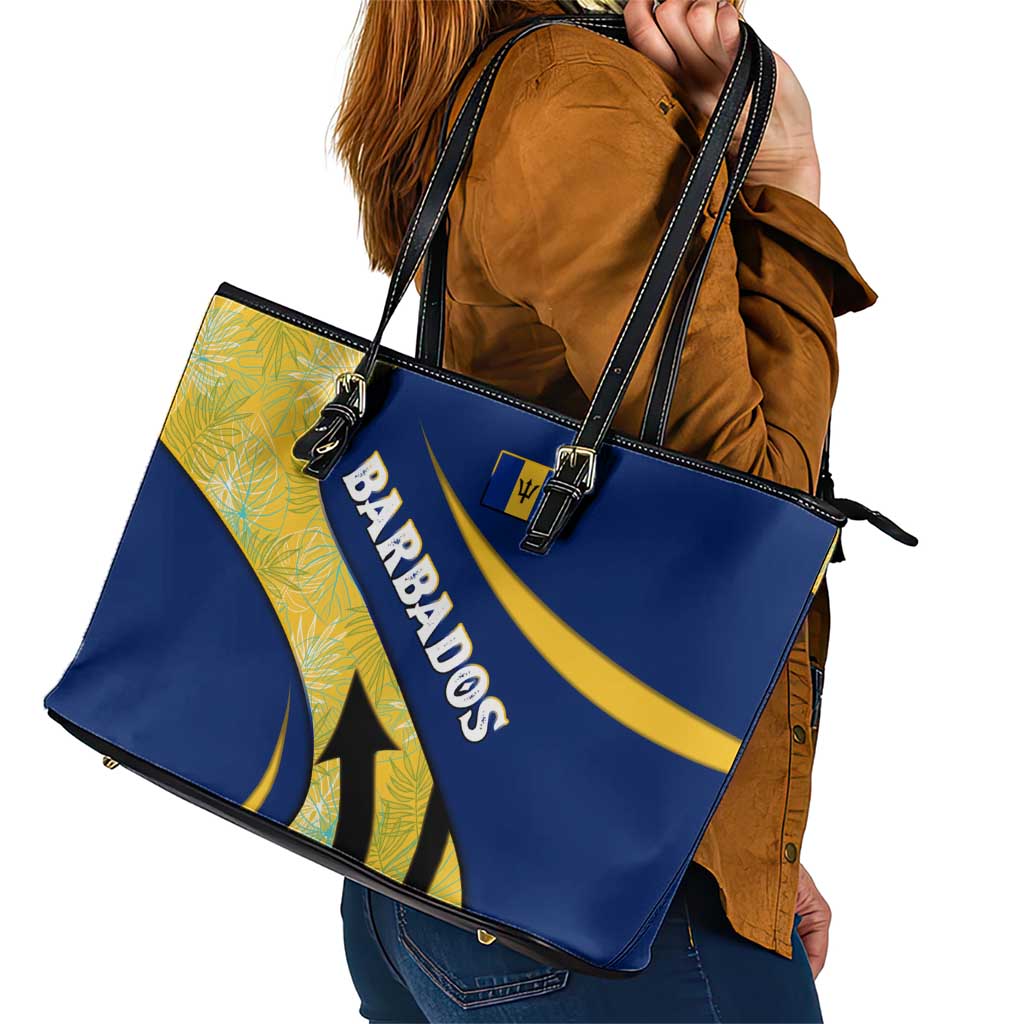 Barbados Flag Leather Tote Bag Blue and Yellow with Trident and Tropical Leaf Pattern - Wonder Print Shop