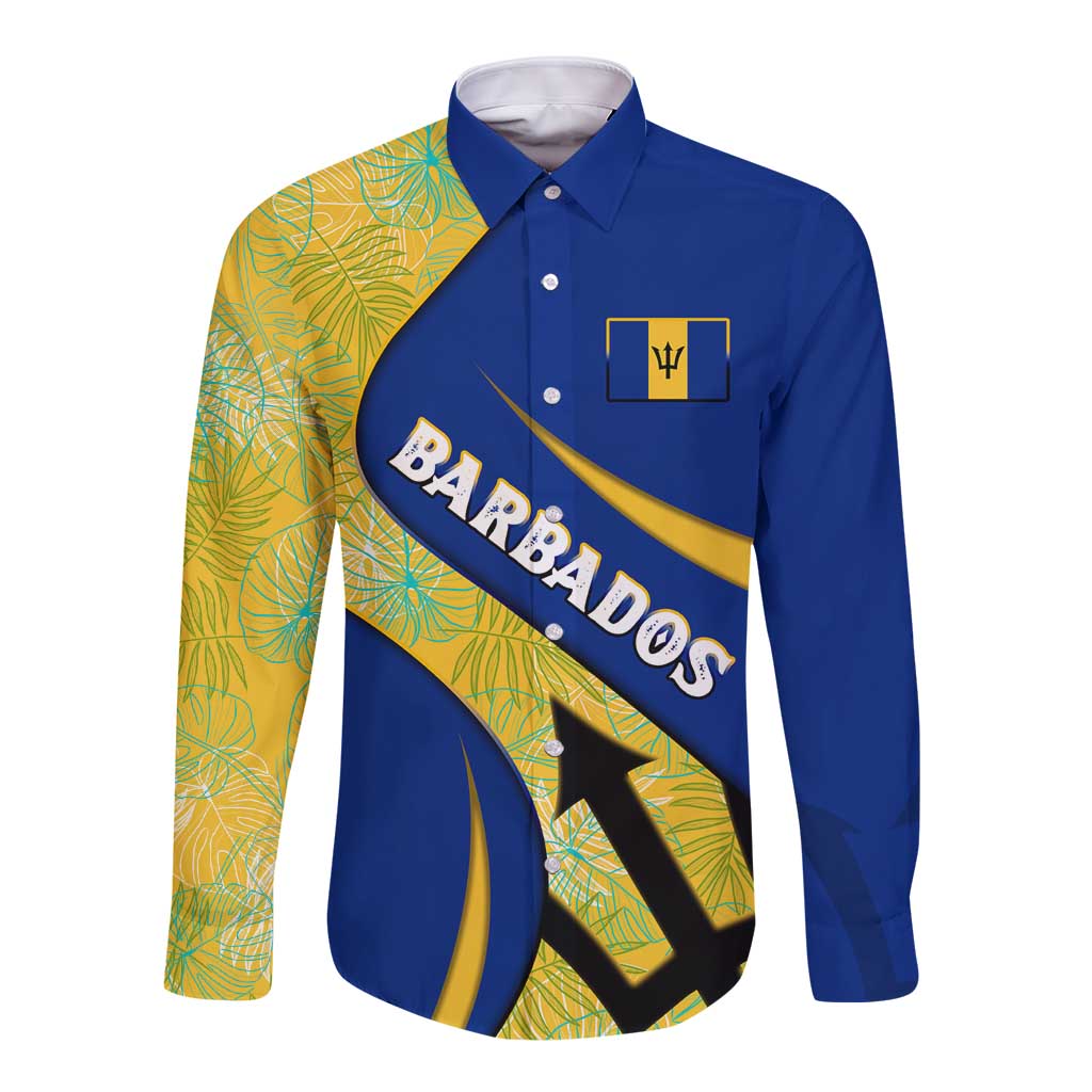 Barbados Flag Long Sleeve Button Shirt Blue and Yellow with Trident and Tropical Leaf Pattern - Wonder Print Shop