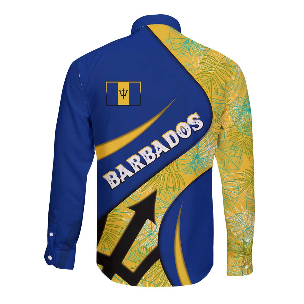 Barbados Flag Long Sleeve Button Shirt Blue and Yellow with Trident and Tropical Leaf Pattern - Wonder Print Shop