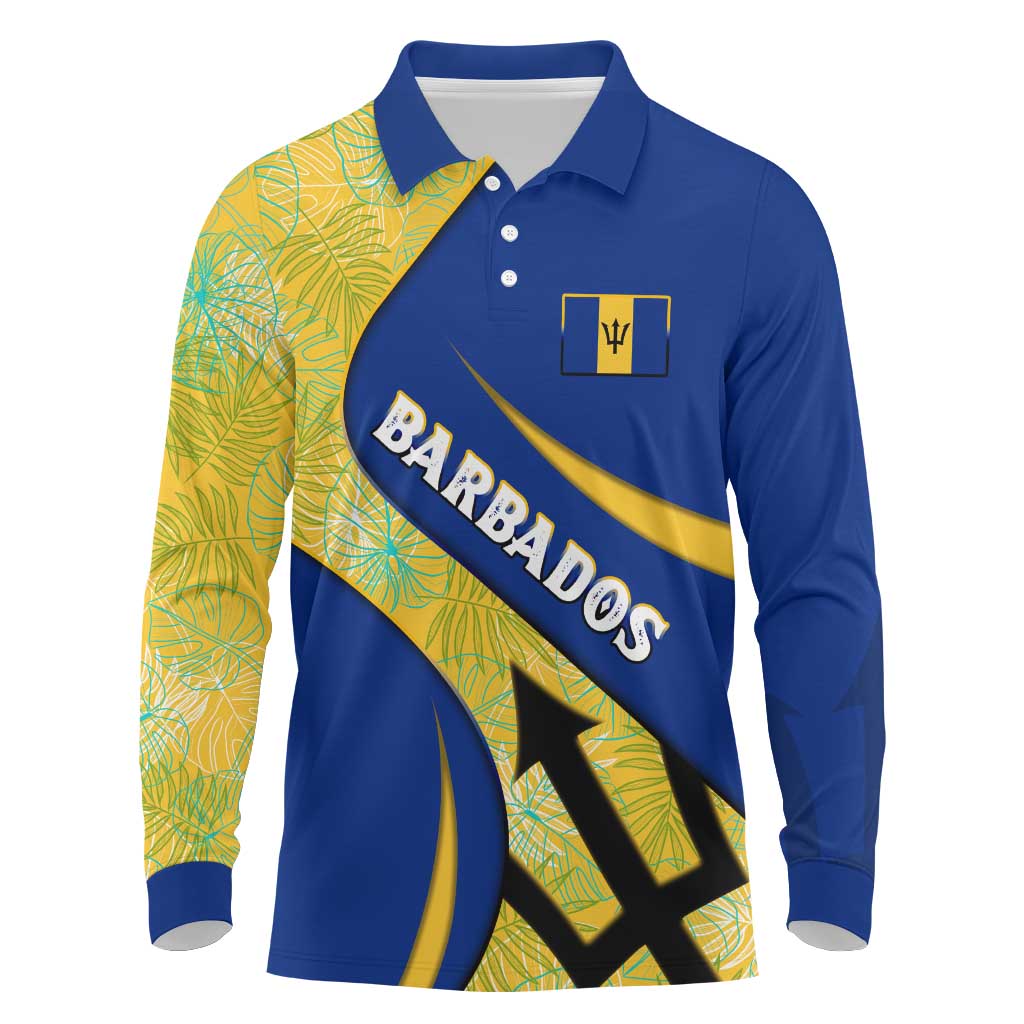 Barbados Flag Long Sleeve Polo Shirt Blue and Yellow with Trident and Tropical Leaf Pattern - Wonder Print Shop