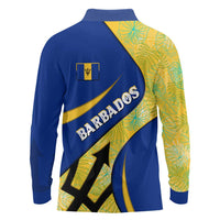 Barbados Flag Long Sleeve Polo Shirt Blue and Yellow with Trident and Tropical Leaf Pattern - Wonder Print Shop
