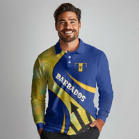 Barbados Flag Long Sleeve Polo Shirt Blue and Yellow with Trident and Tropical Leaf Pattern - Wonder Print Shop