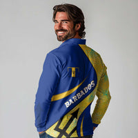 Barbados Flag Long Sleeve Polo Shirt Blue and Yellow with Trident and Tropical Leaf Pattern - Wonder Print Shop