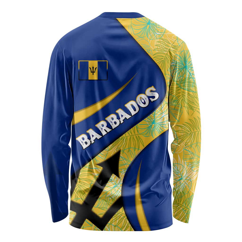 Barbados Flag Long Sleeve Shirt Blue and Yellow with Trident and Tropical Leaf Pattern - Wonder Print Shop
