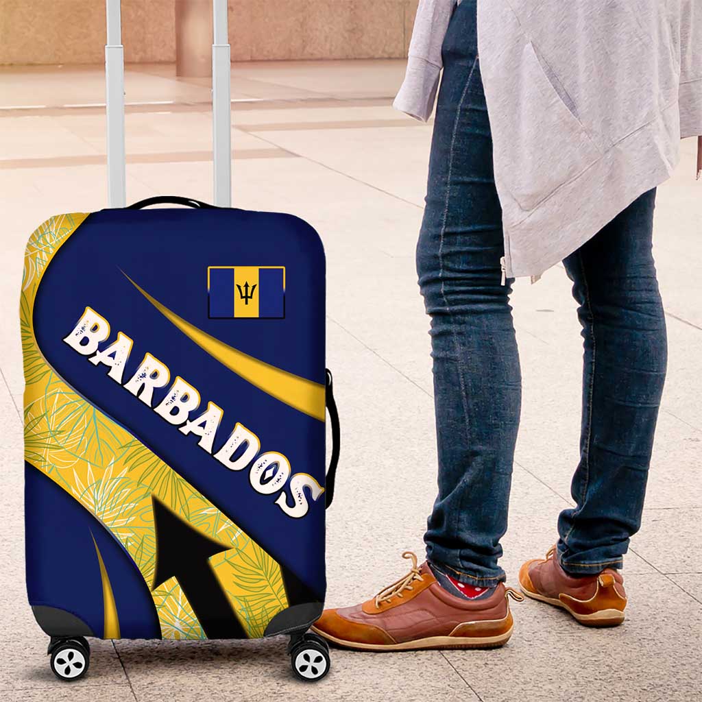 Barbados Flag Luggage Cover Blue and Yellow with Trident and Tropical Leaf Pattern - Wonder Print Shop