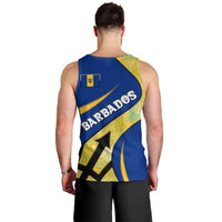 Barbados Flag Men Tank Top Blue and Yellow with Trident and Tropical Leaf Pattern - Wonder Print Shop