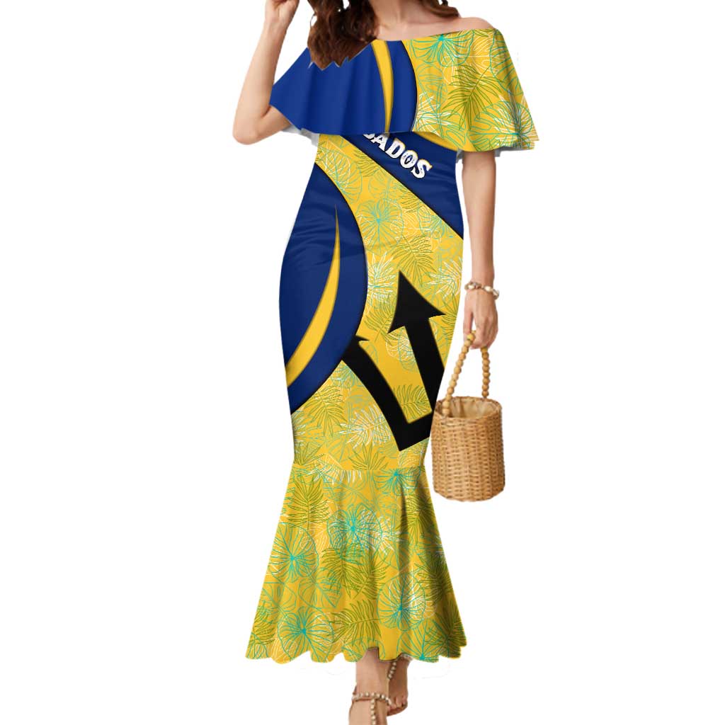 Barbados Flag Mermaid Dress Blue and Yellow with Trident and Tropical Leaf Pattern - Wonder Print Shop