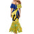 Barbados Flag Mermaid Dress Blue and Yellow with Trident and Tropical Leaf Pattern - Wonder Print Shop