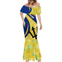 Barbados Flag Mermaid Dress Blue and Yellow with Trident and Tropical Leaf Pattern - Wonder Print Shop