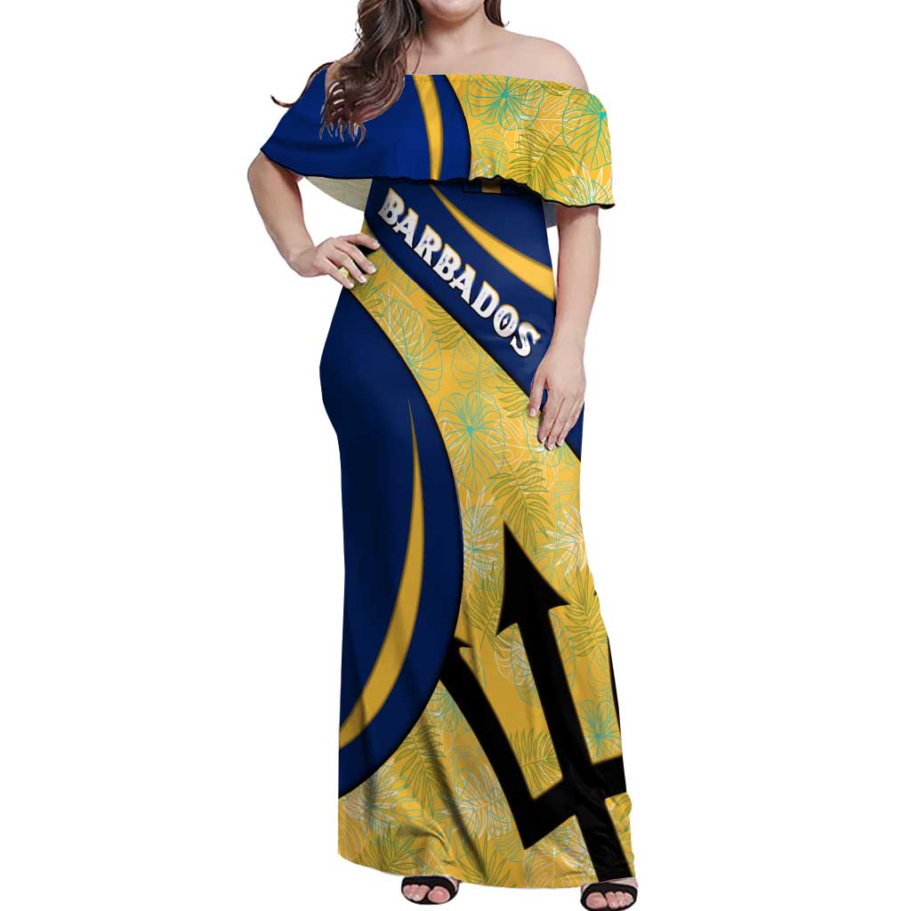 Barbados Flag Off Shoulder Maxi Dress Blue and Yellow with Trident and Tropical Leaf Pattern - Wonder Print Shop