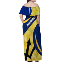 Barbados Flag Off Shoulder Maxi Dress Blue and Yellow with Trident and Tropical Leaf Pattern - Wonder Print Shop