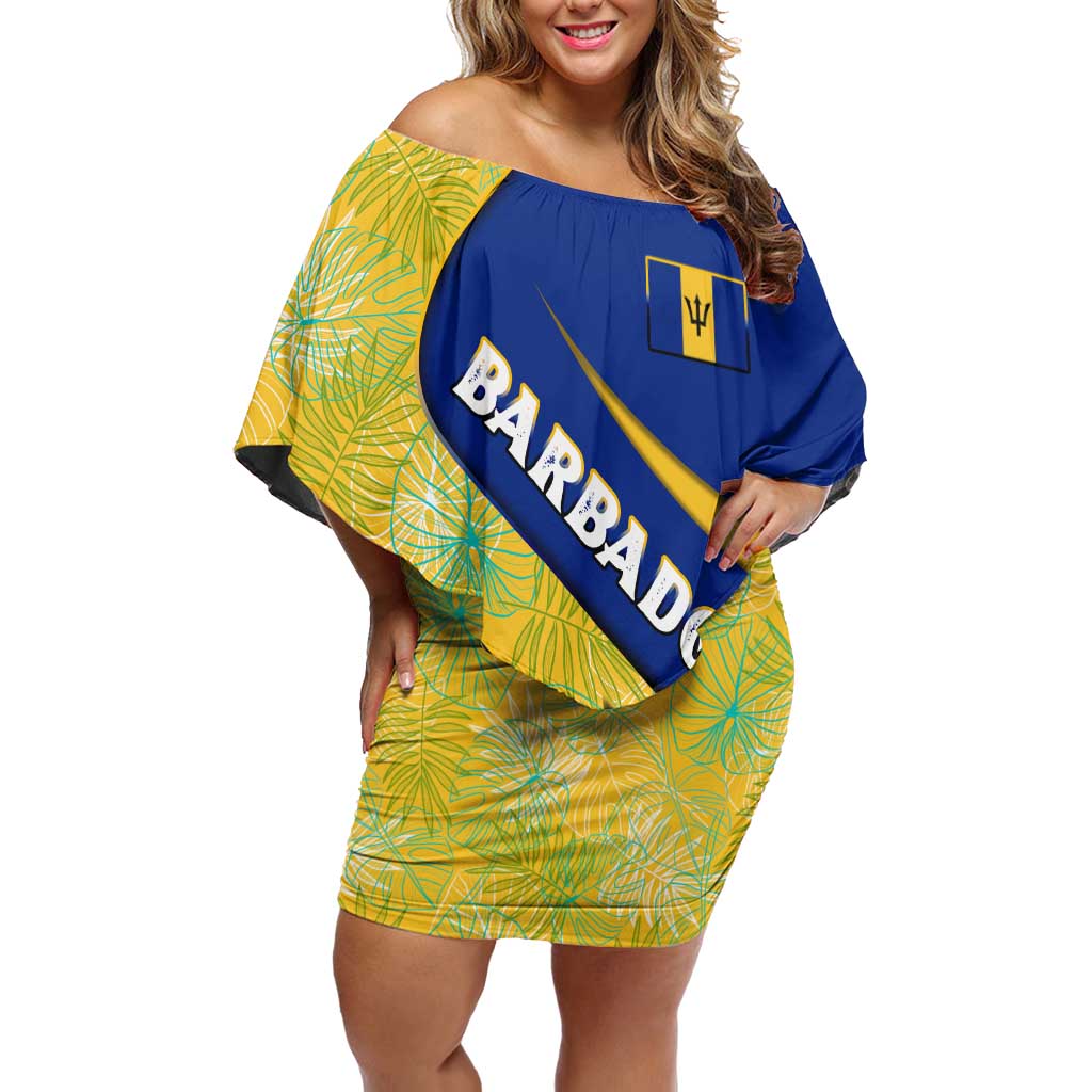 Barbados Flag Off Shoulder Short Dress Blue and Yellow with Trident and Tropical Leaf Pattern - Wonder Print Shop