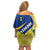 Barbados Flag Off Shoulder Short Dress Blue and Yellow with Trident and Tropical Leaf Pattern - Wonder Print Shop