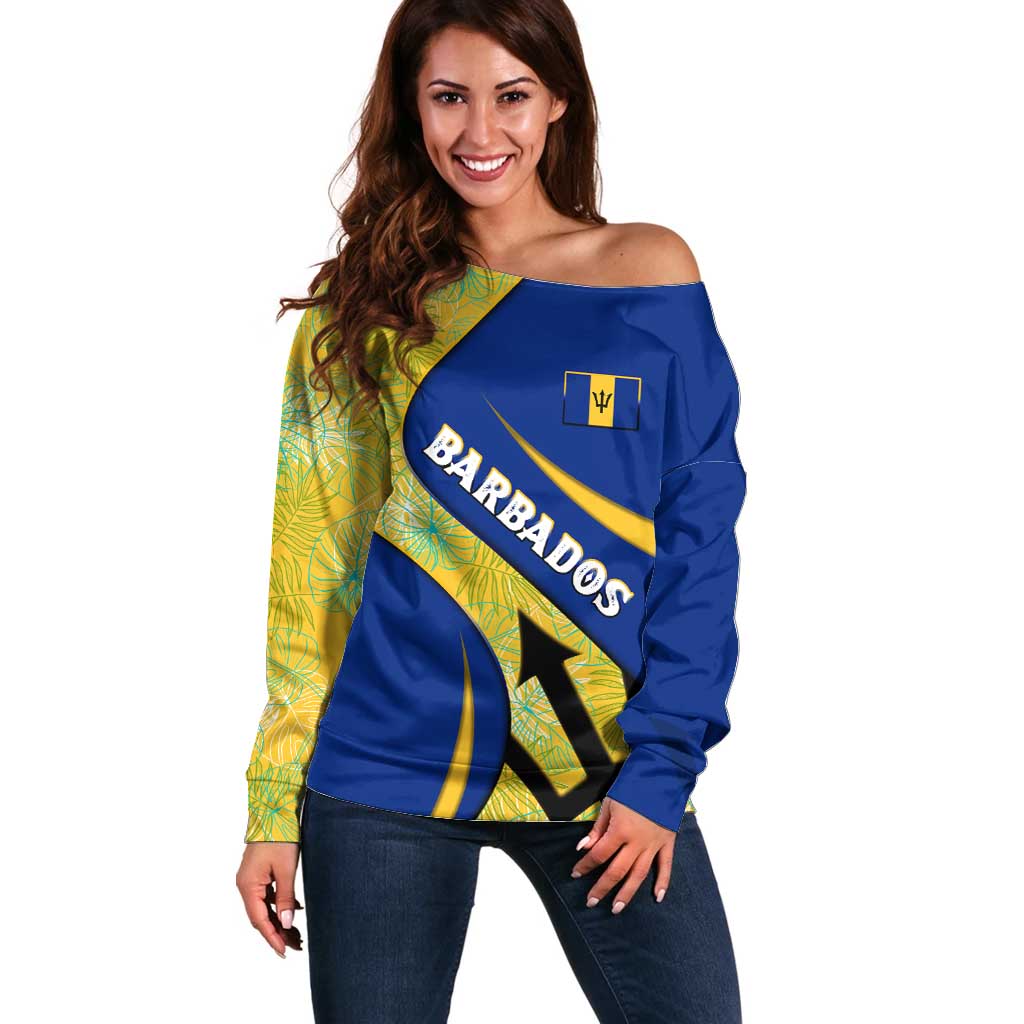 Barbados Flag Off Shoulder Sweater Blue and Yellow with Trident and Tropical Leaf Pattern - Wonder Print Shop