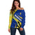 Barbados Flag Off Shoulder Sweater Blue and Yellow with Trident and Tropical Leaf Pattern - Wonder Print Shop