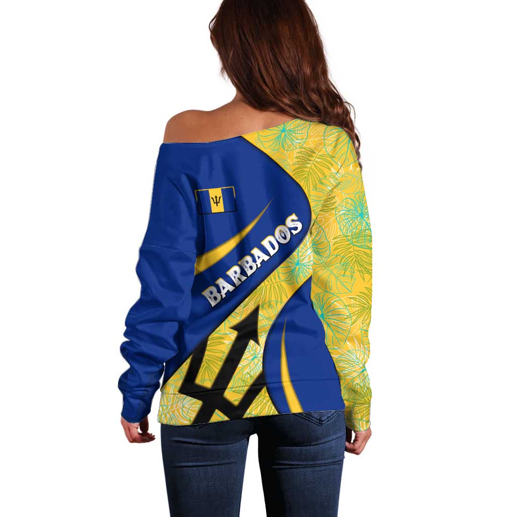 Barbados Flag Off Shoulder Sweater Blue and Yellow with Trident and Tropical Leaf Pattern - Wonder Print Shop