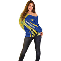 Barbados Flag Off Shoulder Sweater Blue and Yellow with Trident and Tropical Leaf Pattern - Wonder Print Shop
