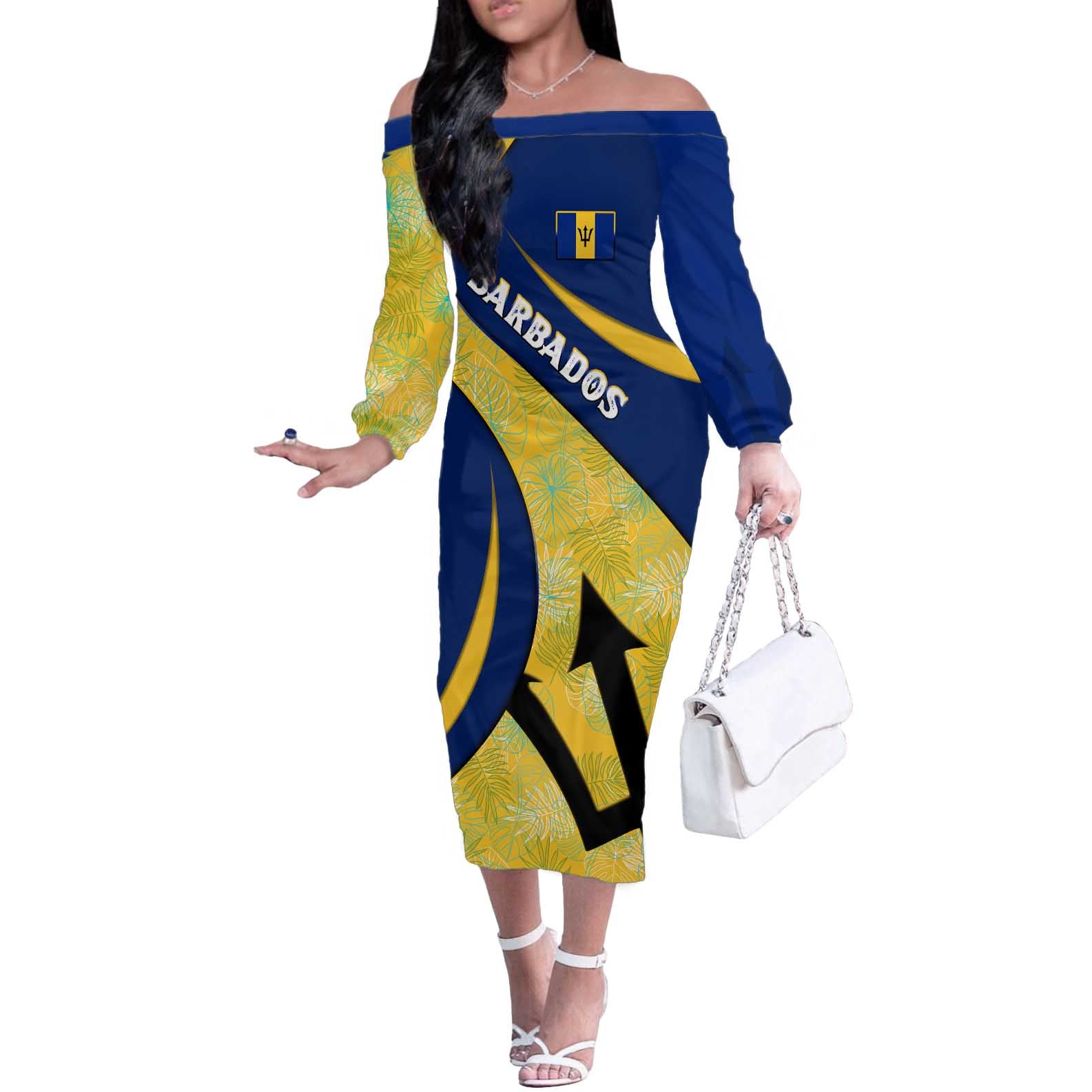 Barbados Flag Off The Shoulder Long Sleeve Dress Blue and Yellow with Trident and Tropical Leaf Pattern - Wonder Print Shop