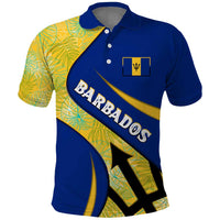 Barbados Flag Polo Shirt Blue and Yellow with Trident and Tropical Leaf Pattern - Wonder Print Shop