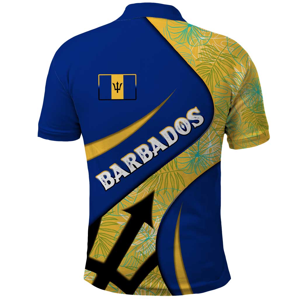 Barbados Flag Polo Shirt Blue and Yellow with Trident and Tropical Leaf Pattern - Wonder Print Shop