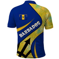 Barbados Flag Polo Shirt Blue and Yellow with Trident and Tropical Leaf Pattern - Wonder Print Shop
