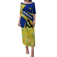 Barbados Flag Puletasi Blue and Yellow with Trident and Tropical Leaf Pattern - Wonder Print Shop