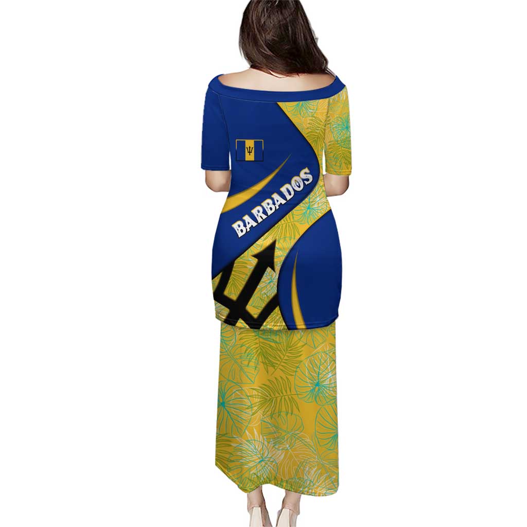 Barbados Flag Puletasi Blue and Yellow with Trident and Tropical Leaf Pattern - Wonder Print Shop