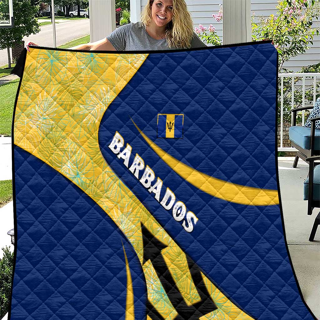 Barbados Flag Quilt Blue and Yellow with Trident and Tropical Leaf Pattern - Wonder Print Shop