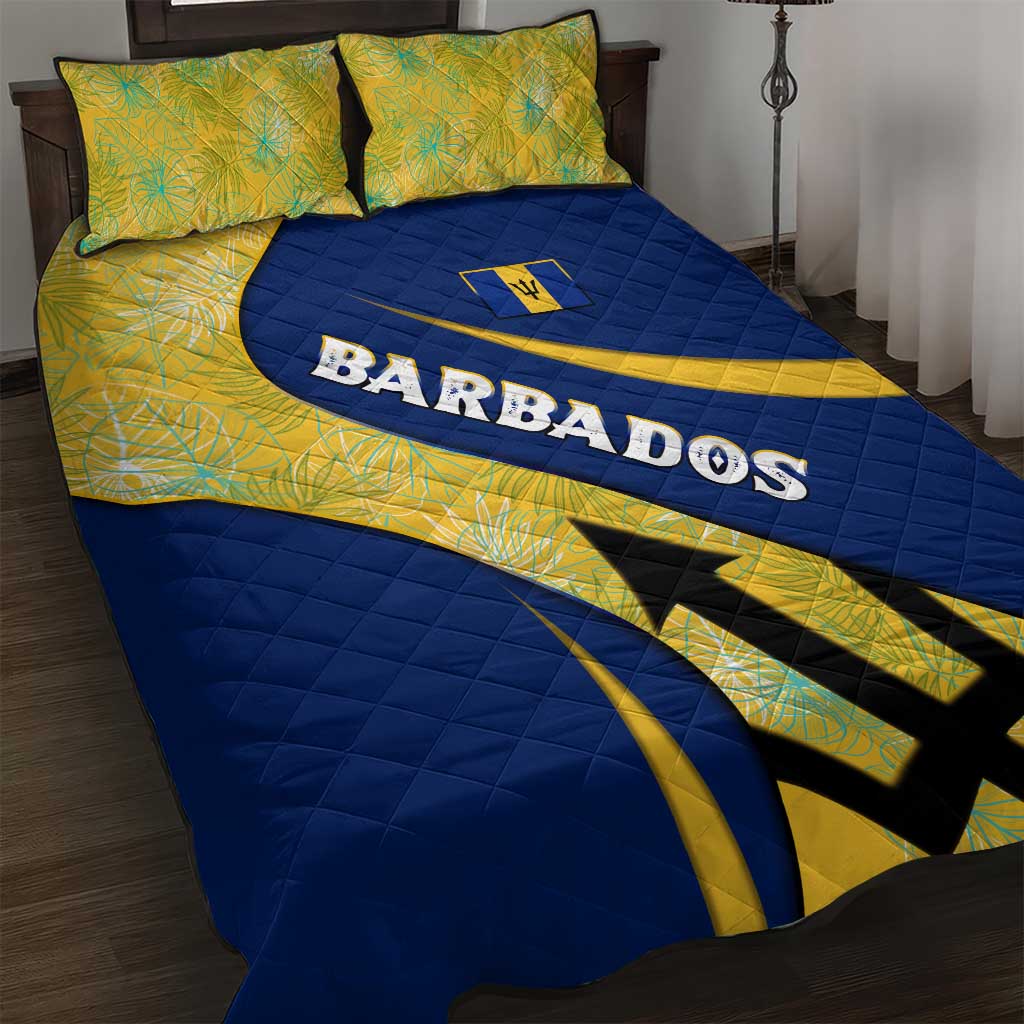 Barbados Flag Quilt Bed Set Blue and Yellow with Trident and Tropical Leaf Pattern - Wonder Print Shop