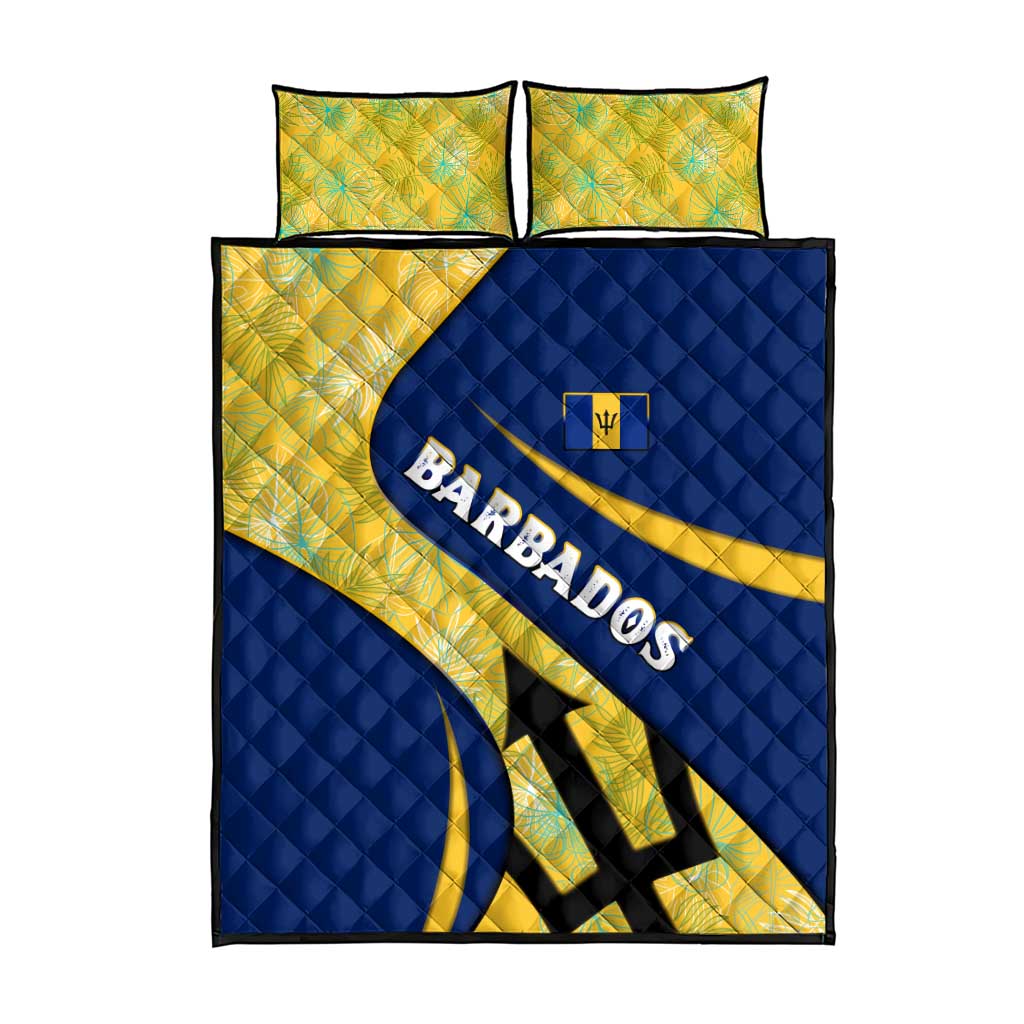 Barbados Flag Quilt Bed Set Blue and Yellow with Trident and Tropical Leaf Pattern - Wonder Print Shop