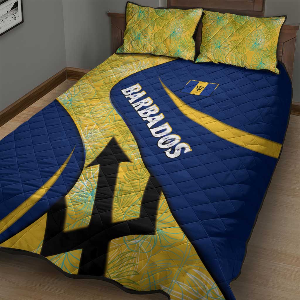 Barbados Flag Quilt Bed Set Blue and Yellow with Trident and Tropical Leaf Pattern - Wonder Print Shop