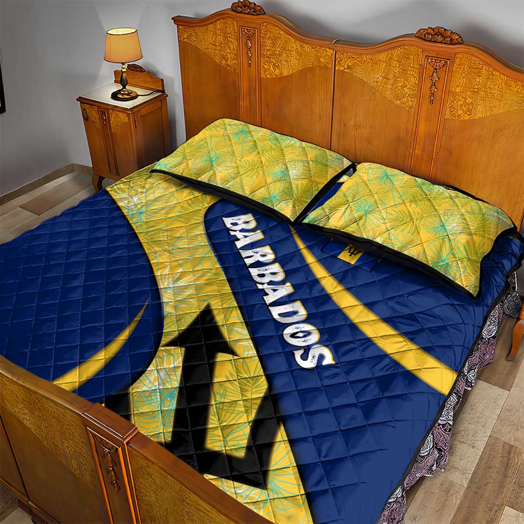Barbados Flag Quilt Bed Set Blue and Yellow with Trident and Tropical Leaf Pattern - Wonder Print Shop