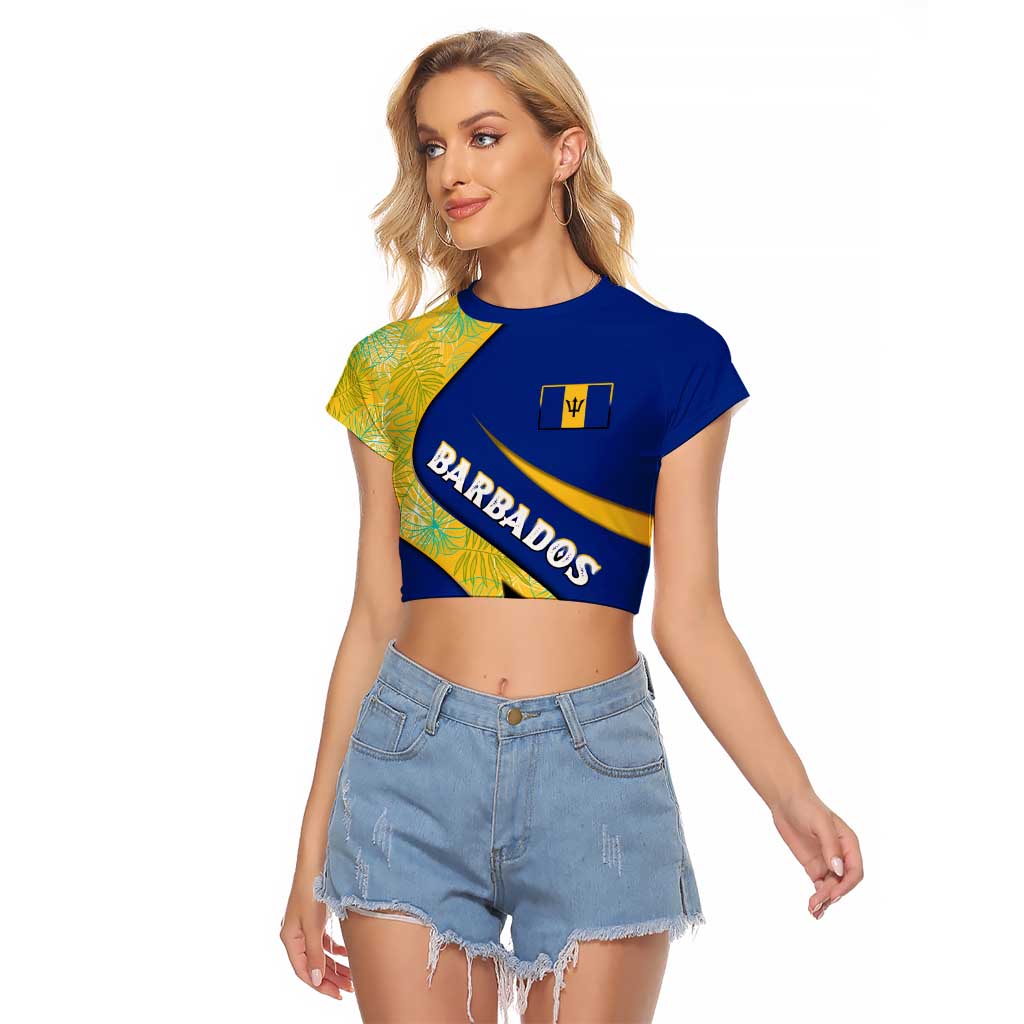 Barbados Flag Raglan Cropped T Shirt Blue and Yellow with Trident and Tropical Leaf Pattern - Wonder Print Shop