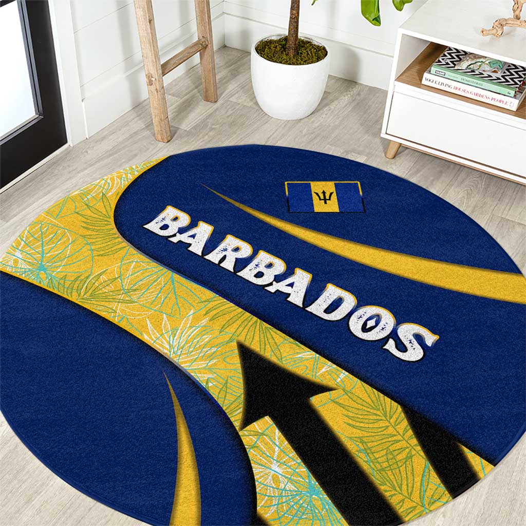 Barbados Flag Round Carpet Blue and Yellow with Trident and Tropical Leaf Pattern - Wonder Print Shop
