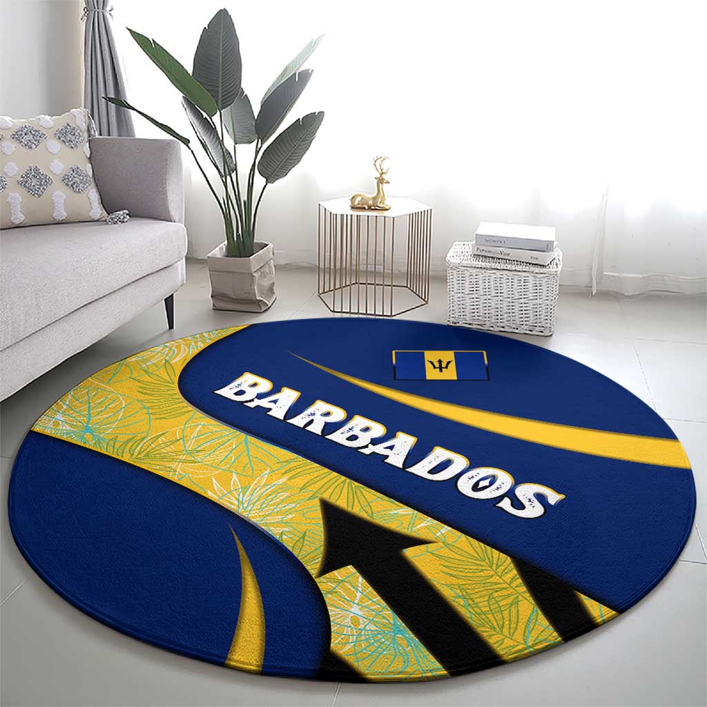 Barbados Flag Round Carpet Blue and Yellow with Trident and Tropical Leaf Pattern - Wonder Print Shop