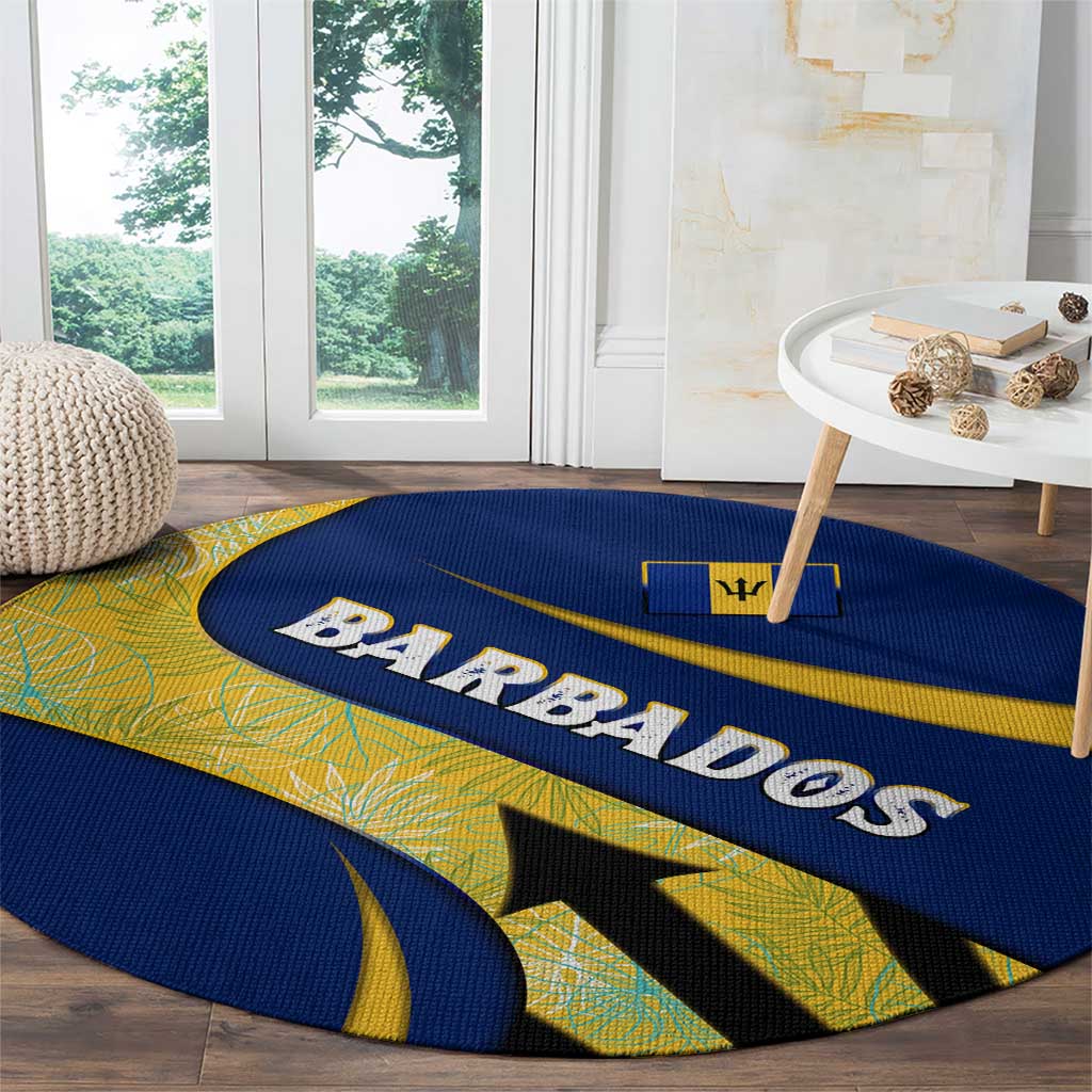 Barbados Flag Round Carpet Blue and Yellow with Trident and Tropical Leaf Pattern - Wonder Print Shop