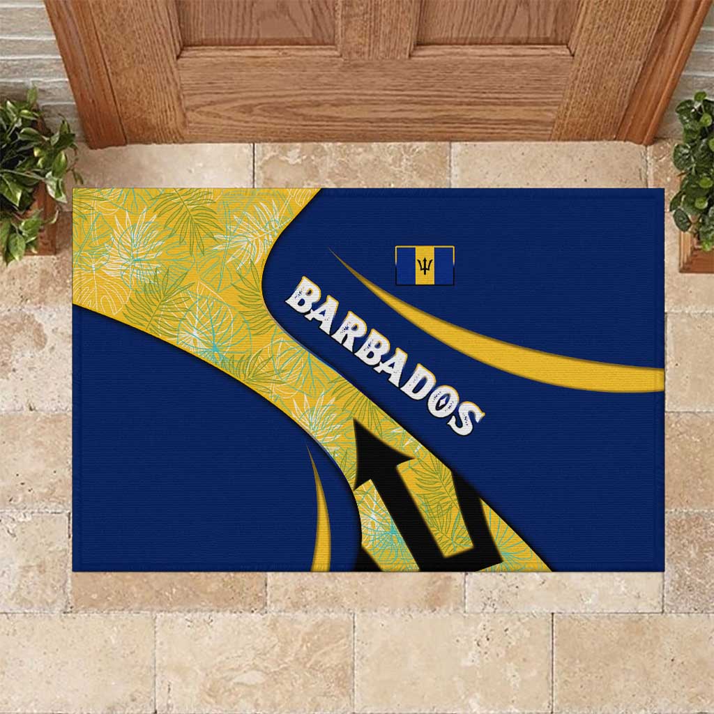 Barbados Flag Rubber Doormat Blue and Yellow with Trident and Tropical Leaf Pattern - Wonder Print Shop