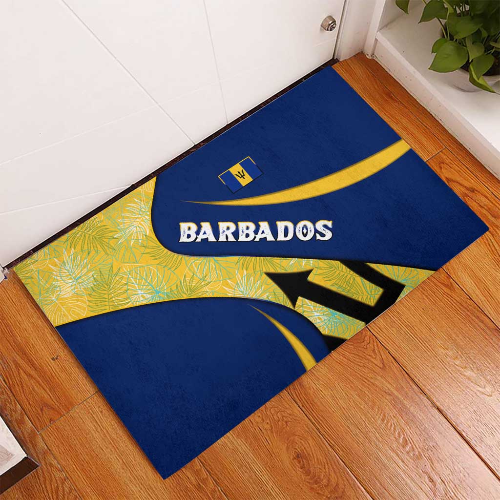 Barbados Flag Rubber Doormat Blue and Yellow with Trident and Tropical Leaf Pattern - Wonder Print Shop