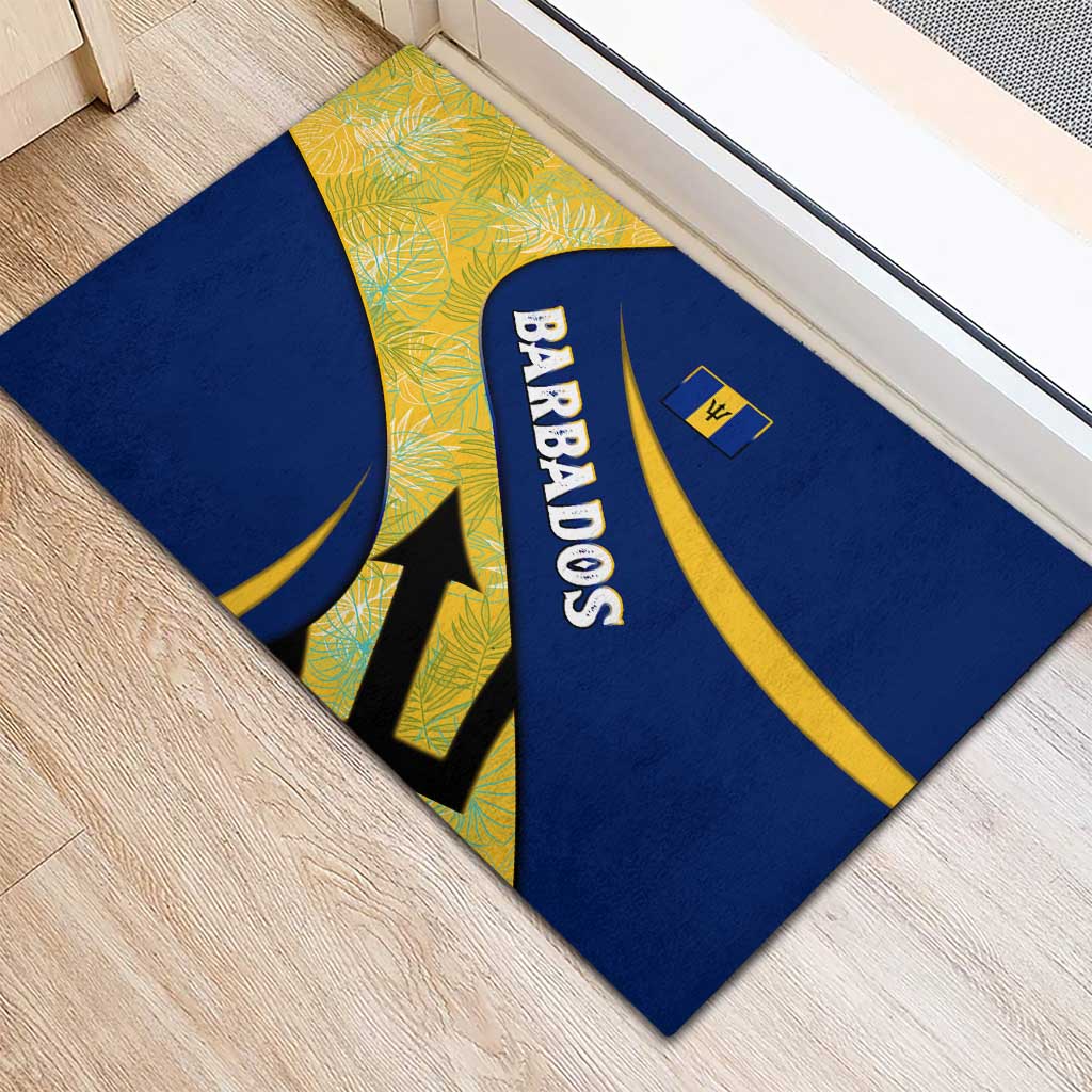 Barbados Flag Rubber Doormat Blue and Yellow with Trident and Tropical Leaf Pattern - Wonder Print Shop