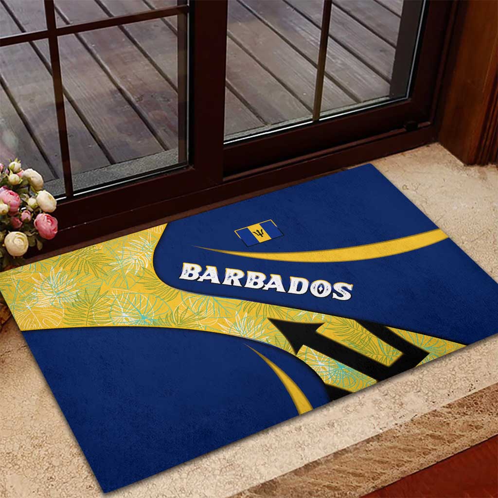 Barbados Flag Rubber Doormat Blue and Yellow with Trident and Tropical Leaf Pattern - Wonder Print Shop