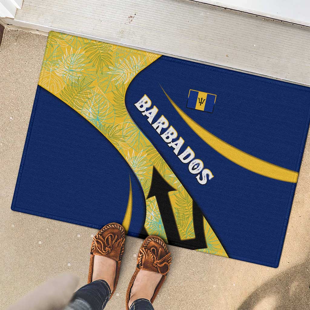 Barbados Flag Rubber Doormat Blue and Yellow with Trident and Tropical Leaf Pattern - Wonder Print Shop