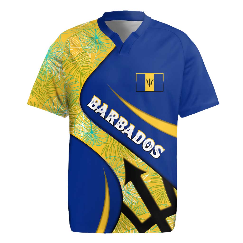 Barbados Flag Rugby Jersey Blue and Yellow with Trident and Tropical Leaf Pattern - Wonder Print Shop