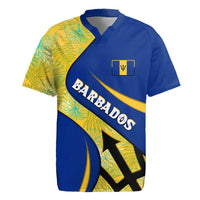Barbados Flag Rugby Jersey Blue and Yellow with Trident and Tropical Leaf Pattern - Wonder Print Shop
