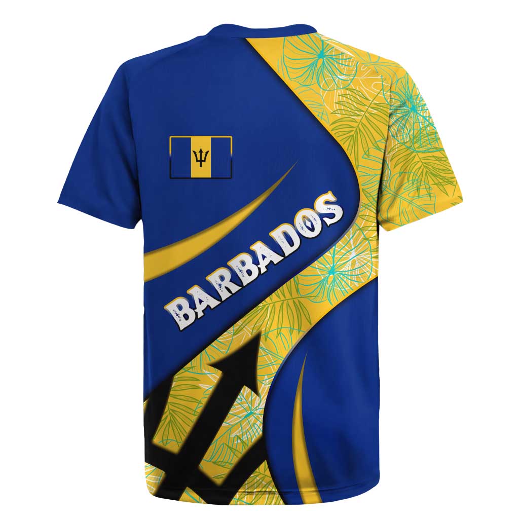 Barbados Flag Rugby Jersey Blue and Yellow with Trident and Tropical Leaf Pattern - Wonder Print Shop