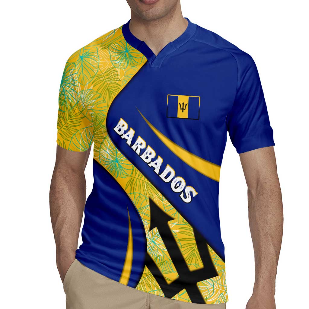 Barbados Flag Rugby Jersey Blue and Yellow with Trident and Tropical Leaf Pattern - Wonder Print Shop