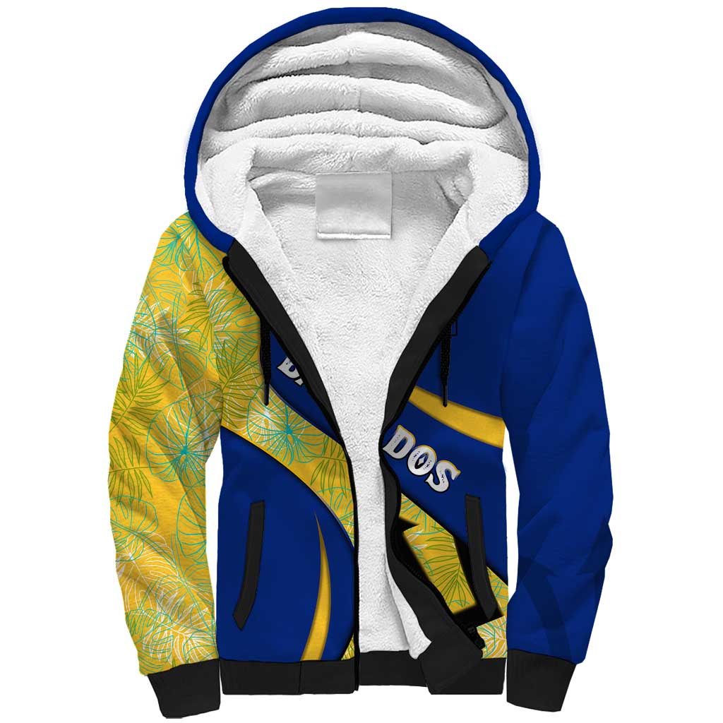 Barbados Flag Sherpa Hoodie Blue and Yellow with Trident and Tropical Leaf Pattern - Wonder Print Shop