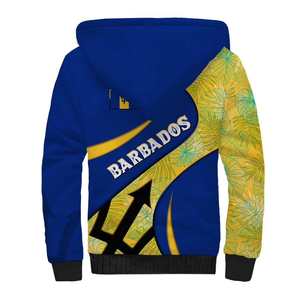 Barbados Flag Sherpa Hoodie Blue and Yellow with Trident and Tropical Leaf Pattern - Wonder Print Shop