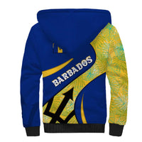 Barbados Flag Sherpa Hoodie Blue and Yellow with Trident and Tropical Leaf Pattern - Wonder Print Shop