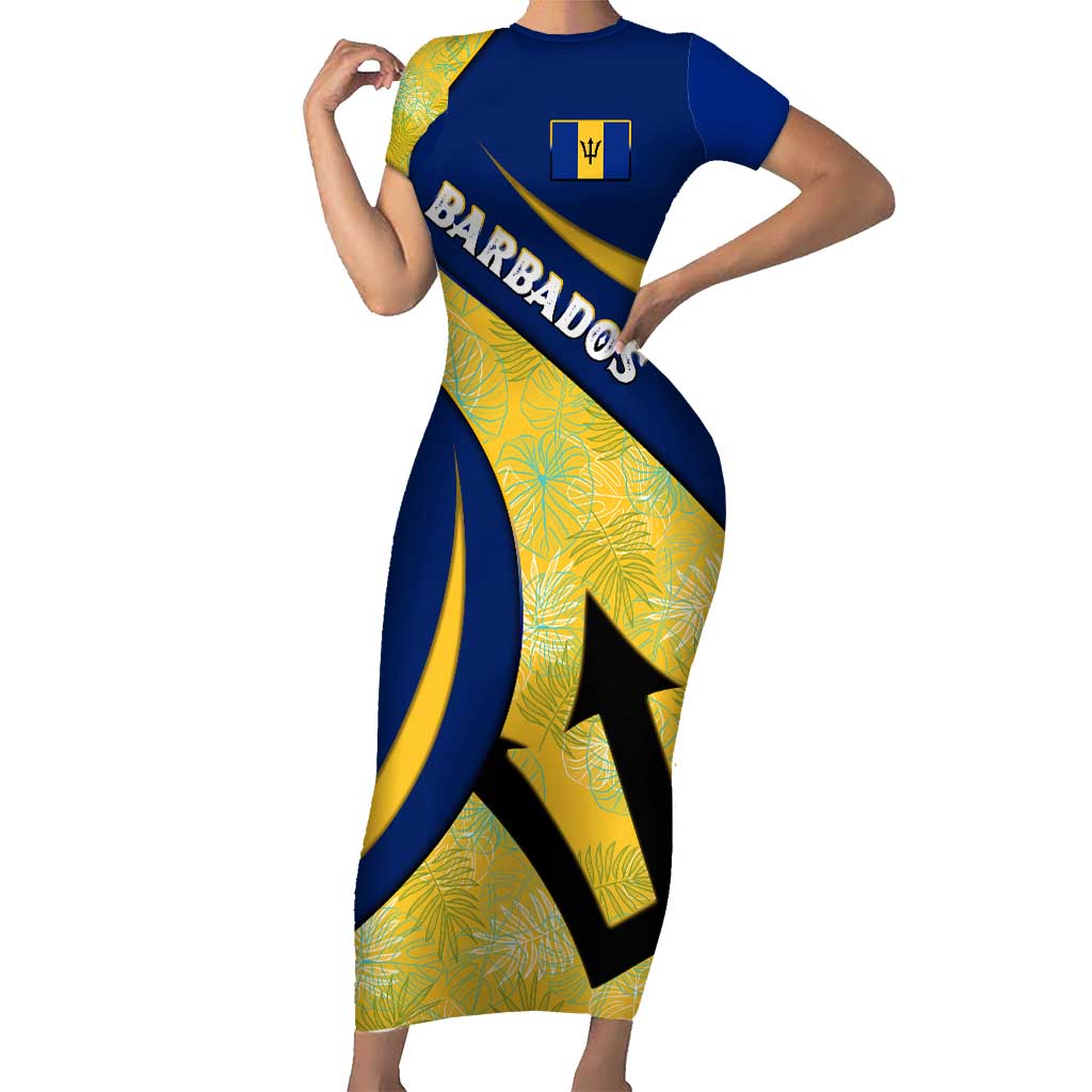 Barbados Flag Short Sleeve Bodycon Dress Blue and Yellow with Trident and Tropical Leaf Pattern - Wonder Print Shop